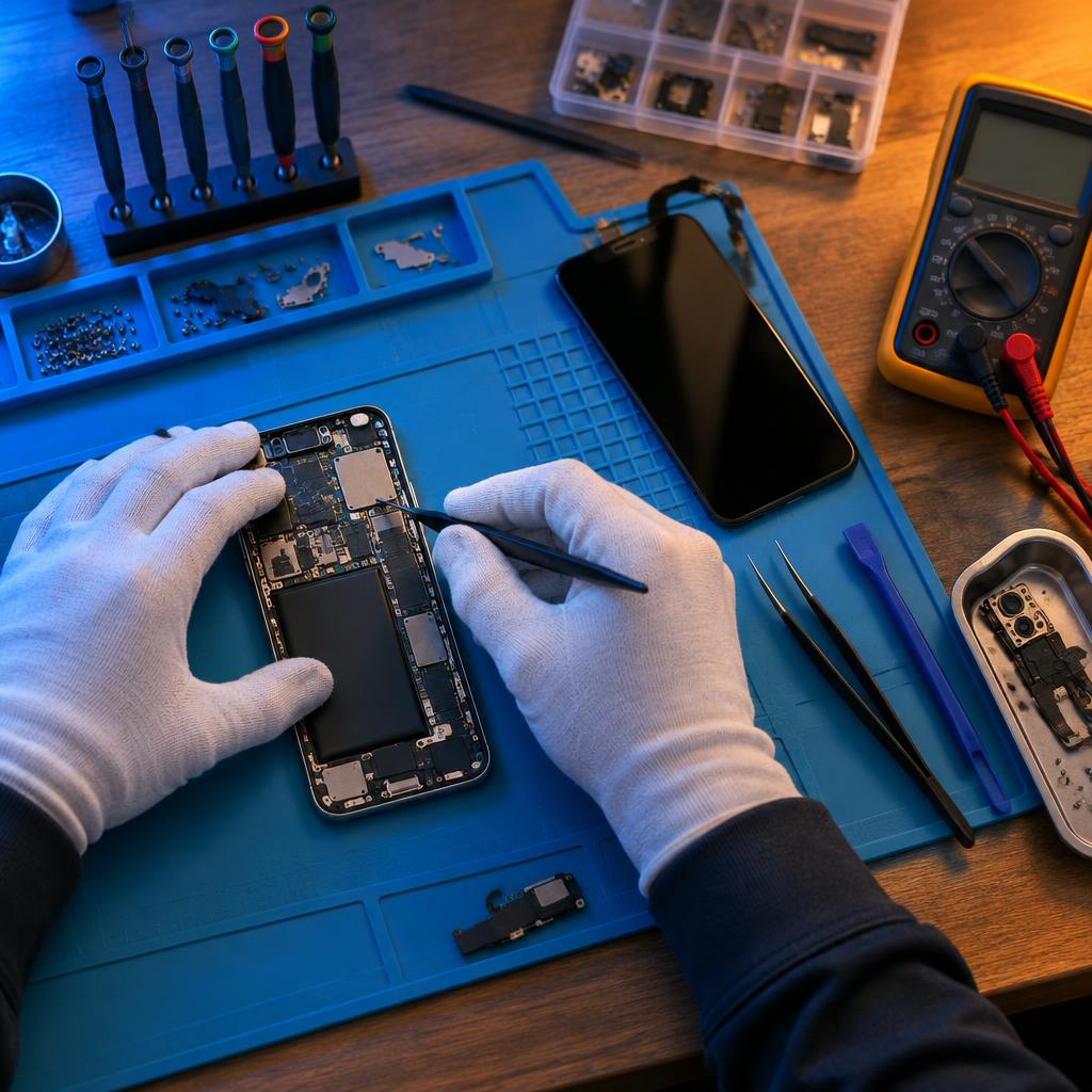 Phone repair workbench with tools, a multimeter and an opened smartphone